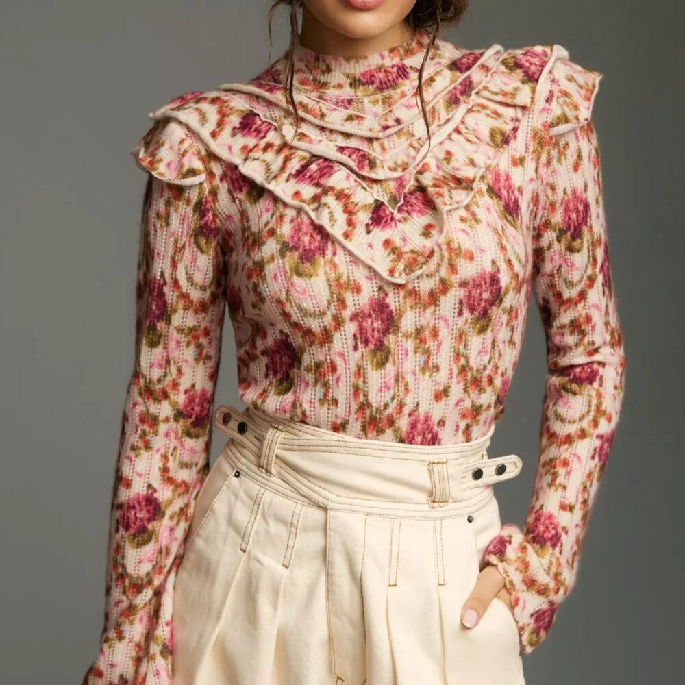 ANTHROPOLOGIE Victoria Cashmere Floral Ruffle Sweater sz XS